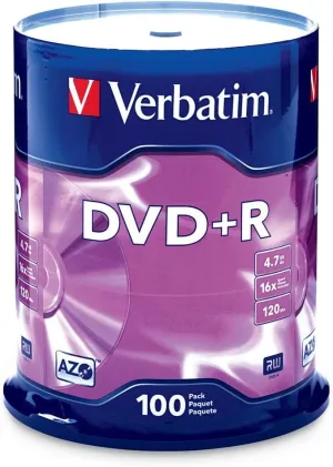 Verbatim DVD R Blank Discs AZO Dye 4.7GB 16X Recordable Disc - 100 Discs Spindle Silver Frustration Free Packaging