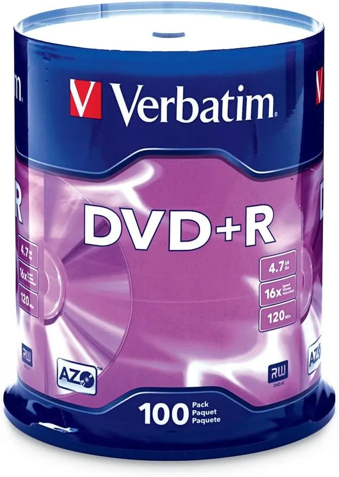 Verbatim DVD R Blank Discs AZO Dye 4.7GB 16X Recordable Disc - 100 Discs Spindle Silver Frustration Free Packaging