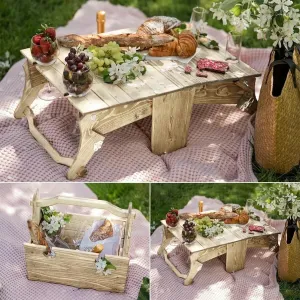 VESLY 2 in 1 Folding Wooden Picnic Basket Table, Latest Upgrades Easy to Install Picnic Basket with Table, Outdoor Fruit Cheese Snack Picnic Tray (Burlywood)