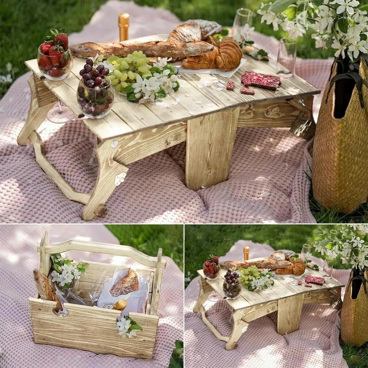 VESLY 2 in 1 Folding Wooden Picnic Basket Table, Latest Upgrades Easy to Install Picnic Basket with Table, Outdoor Fruit Cheese Snack Picnic Tray (Burlywood)