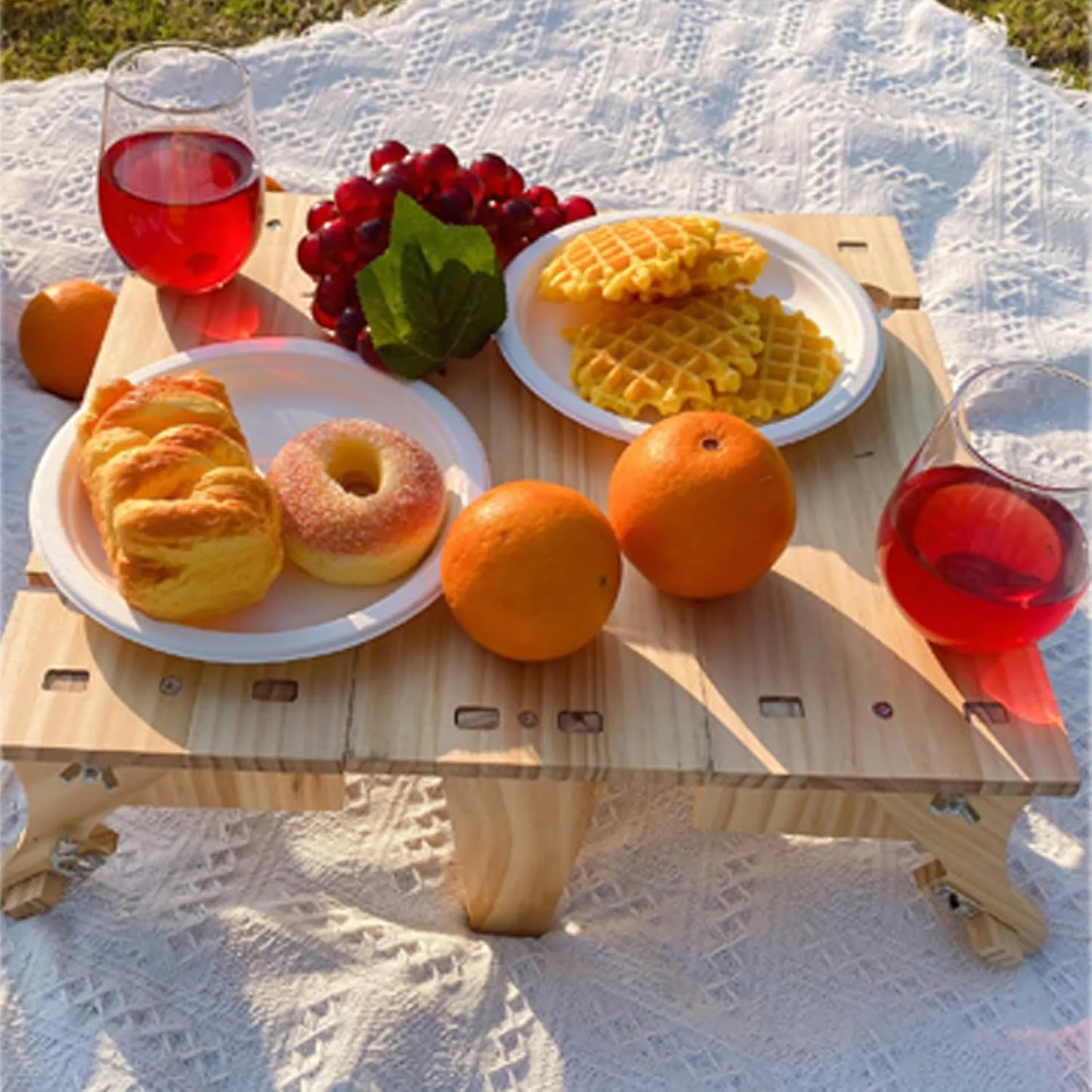 VESLY 2 in 1 Folding Wooden Picnic Basket Table, Latest Upgrades Easy to Install Picnic Basket with Table, Outdoor Fruit Cheese Snack Picnic Tray (Burlywood)