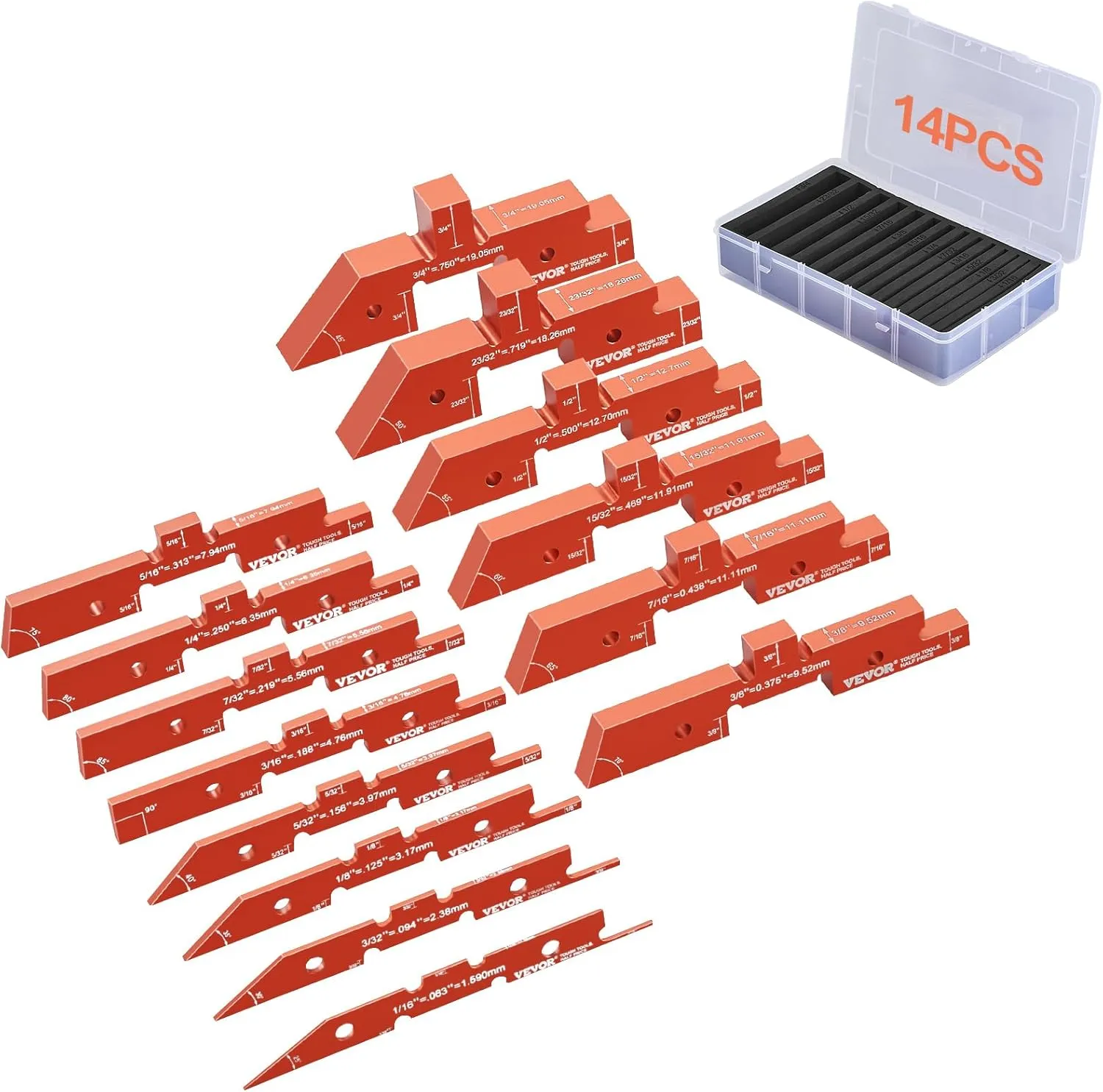 VEVOR Router Table Setup Bars, 14 pcs, Precision Aluminum Setup Blocks Height Gauge Set, with Laser Engraved Size Markings Storage Case, Measuring Depth Height Angle, for Router Table Saw Accessories