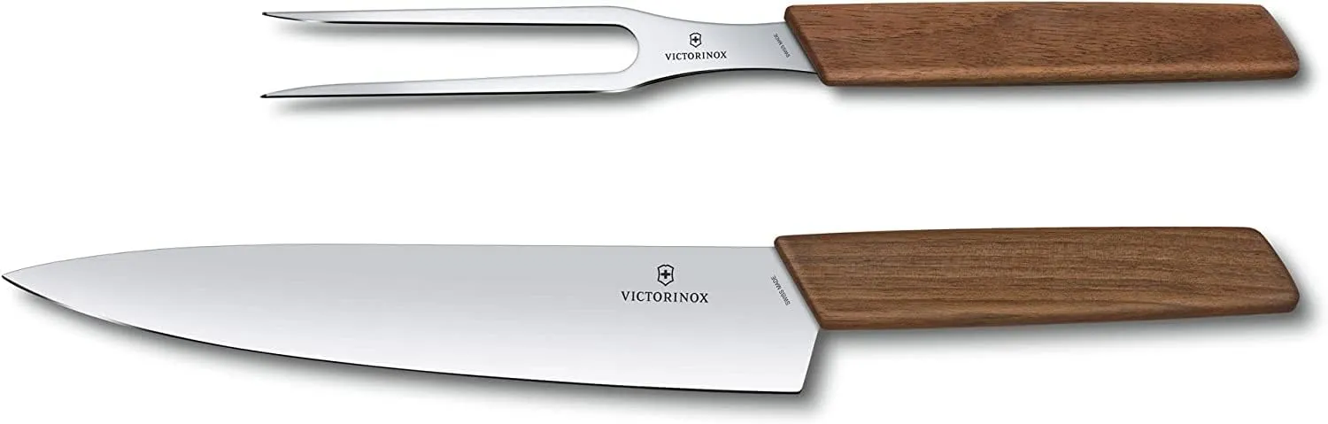 Victorinox Swiss Modern Carving Set - Includes Carving Knife & Carving Fork - Premium Kitchen Accessories - Walnut Wood Handles, 2-Piece Set