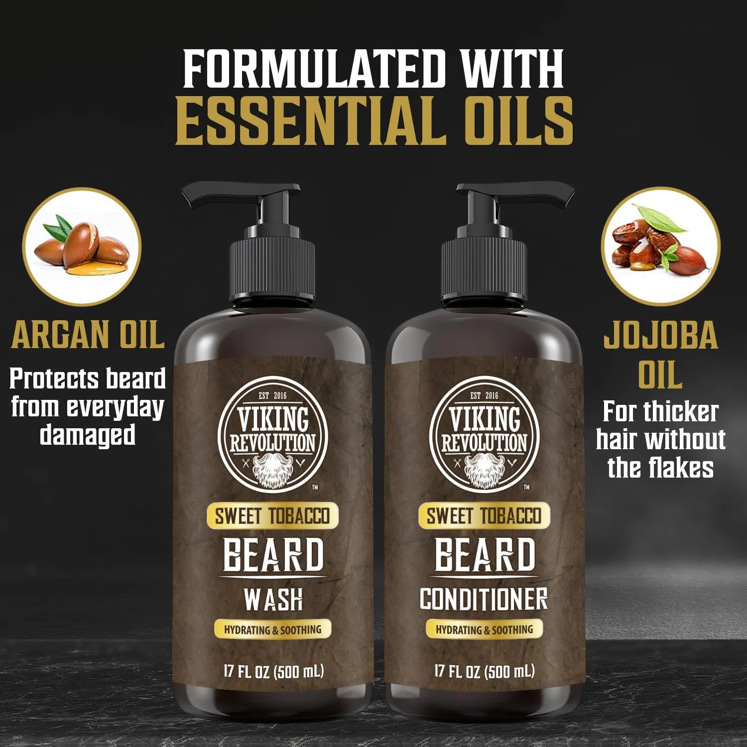 Viking Revolution Beard Wash and Beard Conditioner for Men with Argan Oil and Jojoba Oil - Beard Softener and Strengthener Beard Care Beard Shampoo and Conditioner with Beard Oil (17oz, Sweet Tobacco)