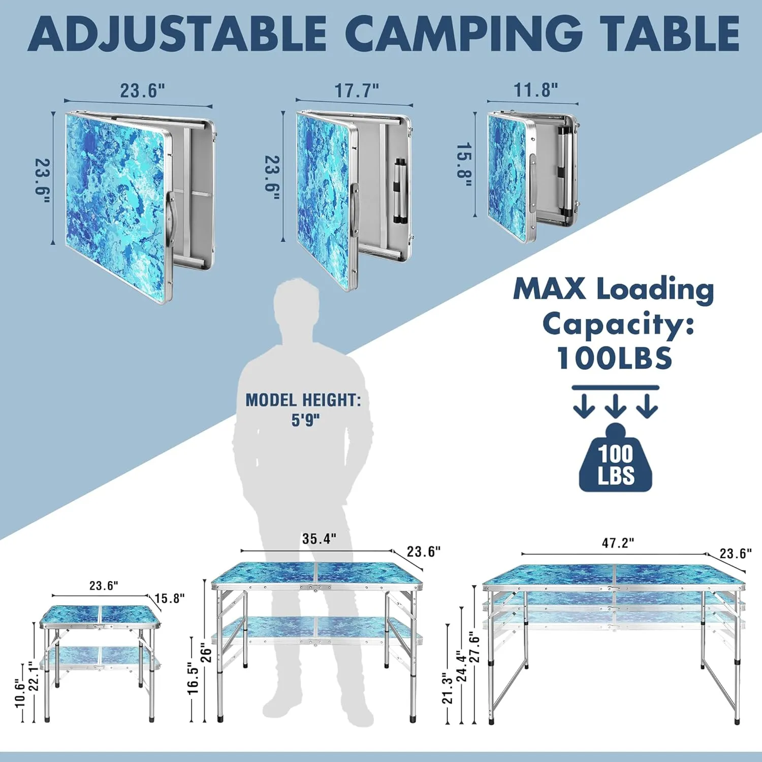 VILLEY Folding Camping Table 2FT, Portable Small Picnic Table with Adjustable Height, Lightweight Aluminum Foldable Table with Carry Handle for Outdoor Indoor BBQ Hiking Beach