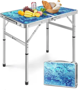 VILLEY Folding Camping Table 2FT, Portable Small Picnic Table with Adjustable Height, Lightweight Aluminum Foldable Table with Carry Handle for Outdoor Indoor BBQ Hiking Beach