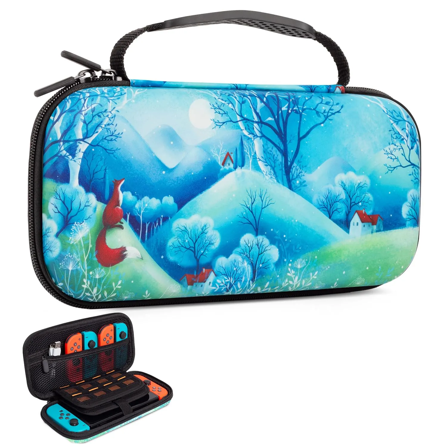 Vimorco Fox Nintendo Switch OLED Case, Game Fairytale Forest Nintendo Switch Case, Blue Switch Travel Cover for Girls Boys, 16 Game Card Slots, Hard Shell Cover for Console Games & Joy-Con