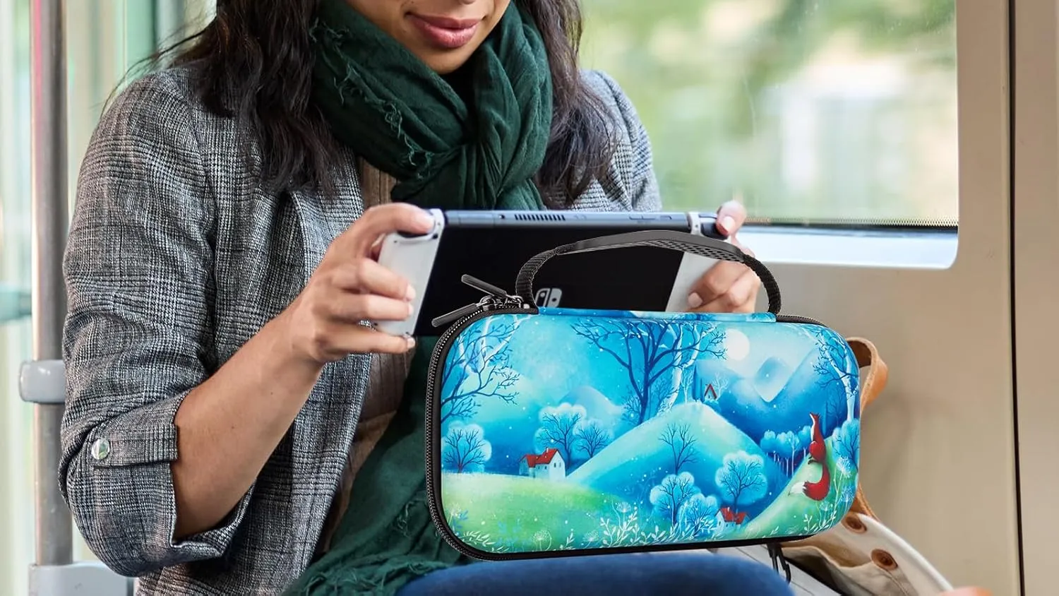 Vimorco Fox Nintendo Switch OLED Case, Game Fairytale Forest Nintendo Switch Case, Blue Switch Travel Cover for Girls Boys, 16 Game Card Slots, Hard Shell Cover for Console Games & Joy-Con