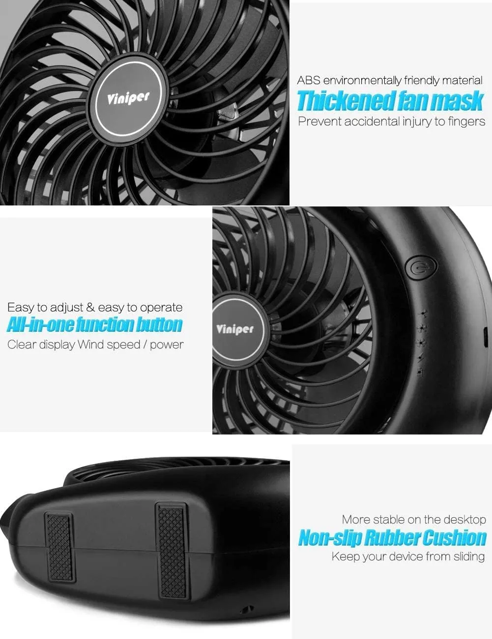 Viniper Portable Rechargeable Fan, Small Desk Fan : 3 Speeds & 8-24 Hours Longer Working, 180 Rotation, Portable USB Battery Fan for Office/Home (Black-Blue)6.2 inch