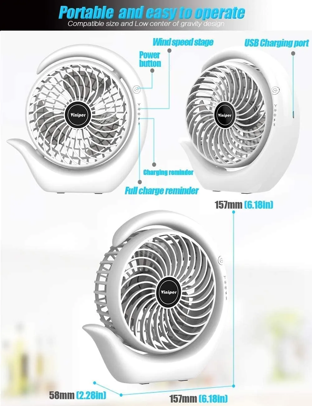 Viniper Portable Rechargeable Fan, Small Desk Fan : 3 Speeds & 8-24 Hours Longer Working, 180 Rotation, Portable USB Battery Fan for Office/Home (Black-Blue)6.2 inch