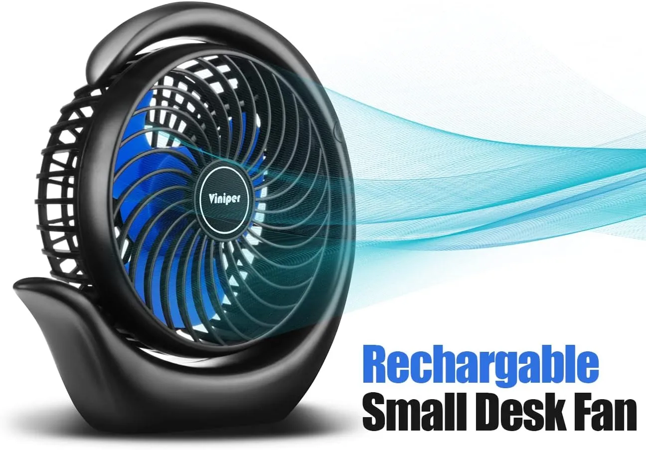 Viniper Portable Rechargeable Fan, Small Desk Fan : 3 Speeds & 8-24 Hours Longer Working, 180 Rotation, Portable USB Battery Fan for Office/Home (Black-Blue)6.2 inch