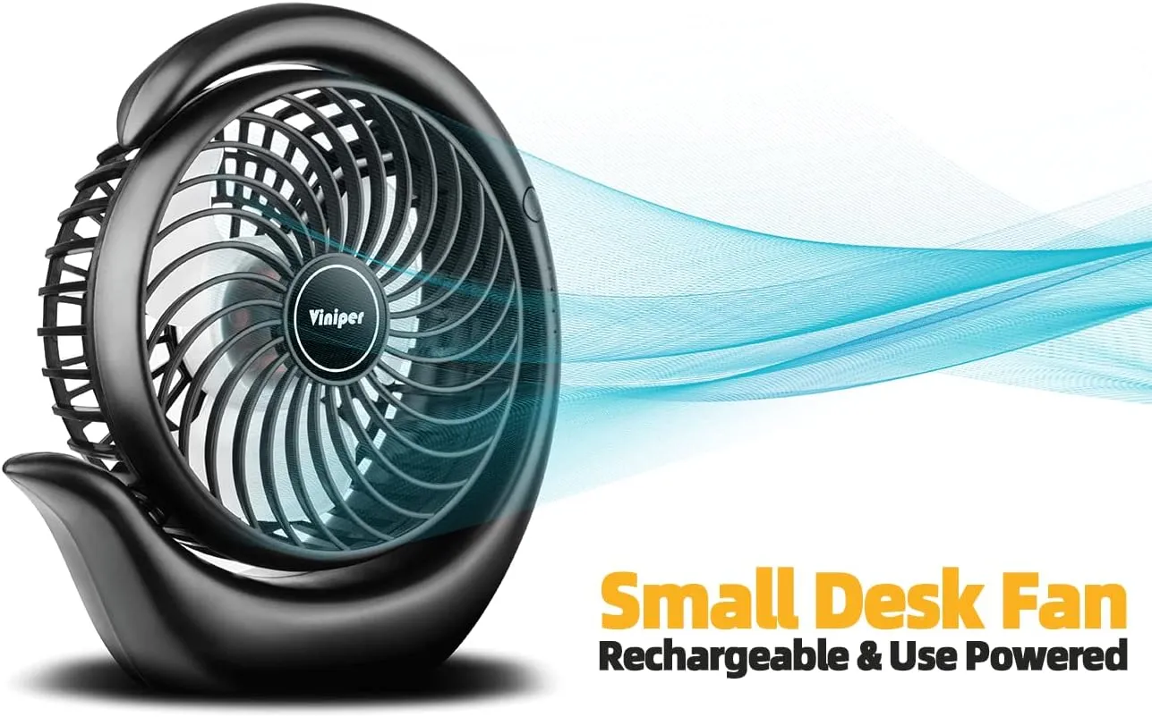 Viniper Portable Rechargeable Fan, Small Desk Fans : 3 Speeds & 8-24 Hours Longer Working, 180° Rotation, Portable Battery Powered Fans, Small Desktop Fan for Home/Office (Black, White Blade)