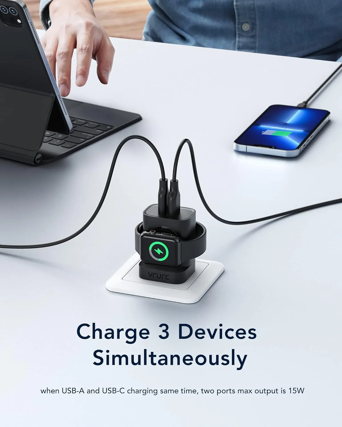 VRURC for Apple Watch Charger, Wireless Magnetic Portable iWatch Charger, PD 20W 3-in-1 Travel Essentials Fast Charging Block for iWatch Ultra/SE/10/9/8/7/6/5/4/3/2/1,iPhone 16/15/14/13,Android-Black