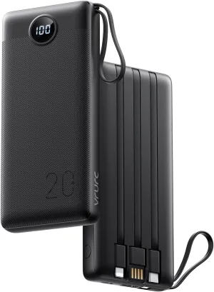 VRURC Portable Charger 20000mAh, Built-in Cable Fast Charging Power Bank, PD QC 3.0 Travel Essentials Battery Pack, 4 Output & 2 Input Phone Charger for iPhone,Samsung, Android-Black