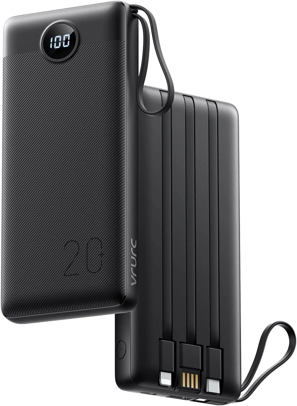 VRURC Portable Charger 20000mAh, Built-in Cable Fast Charging Power Bank, PD QC 3.0 Travel Essentials Battery Pack, 4 Output & 2 Input Phone Charger for iPhone,Samsung, Android-Black