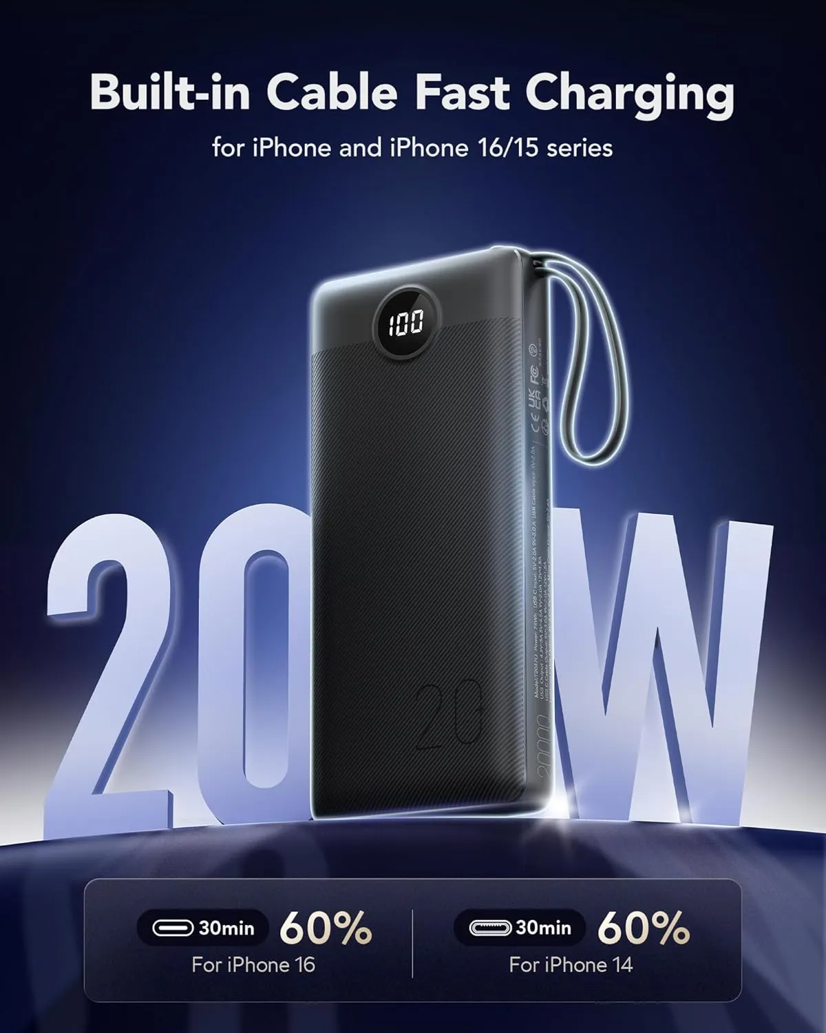 VRURC Portable Charger 20000mAh, Built-in Cable Fast Charging Power Bank, PD QC 3.0 Travel Essentials Battery Pack, 4 Output & 2 Input Phone Charger for iPhone,Samsung, Android-Black