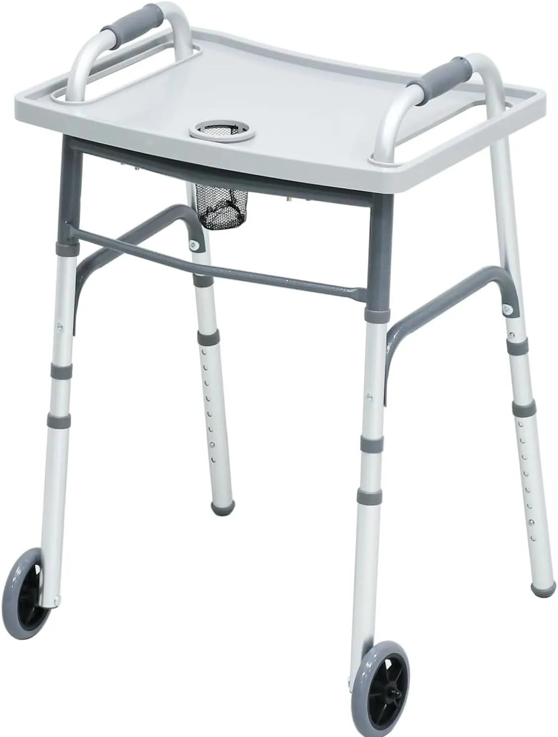 Walker Folding Deluxe with Tray and Front 5" Wheels and Free 2pair Round Rear Glide caps, Adjustable Height (Short, Standard, Tall People) by Healthline Trading