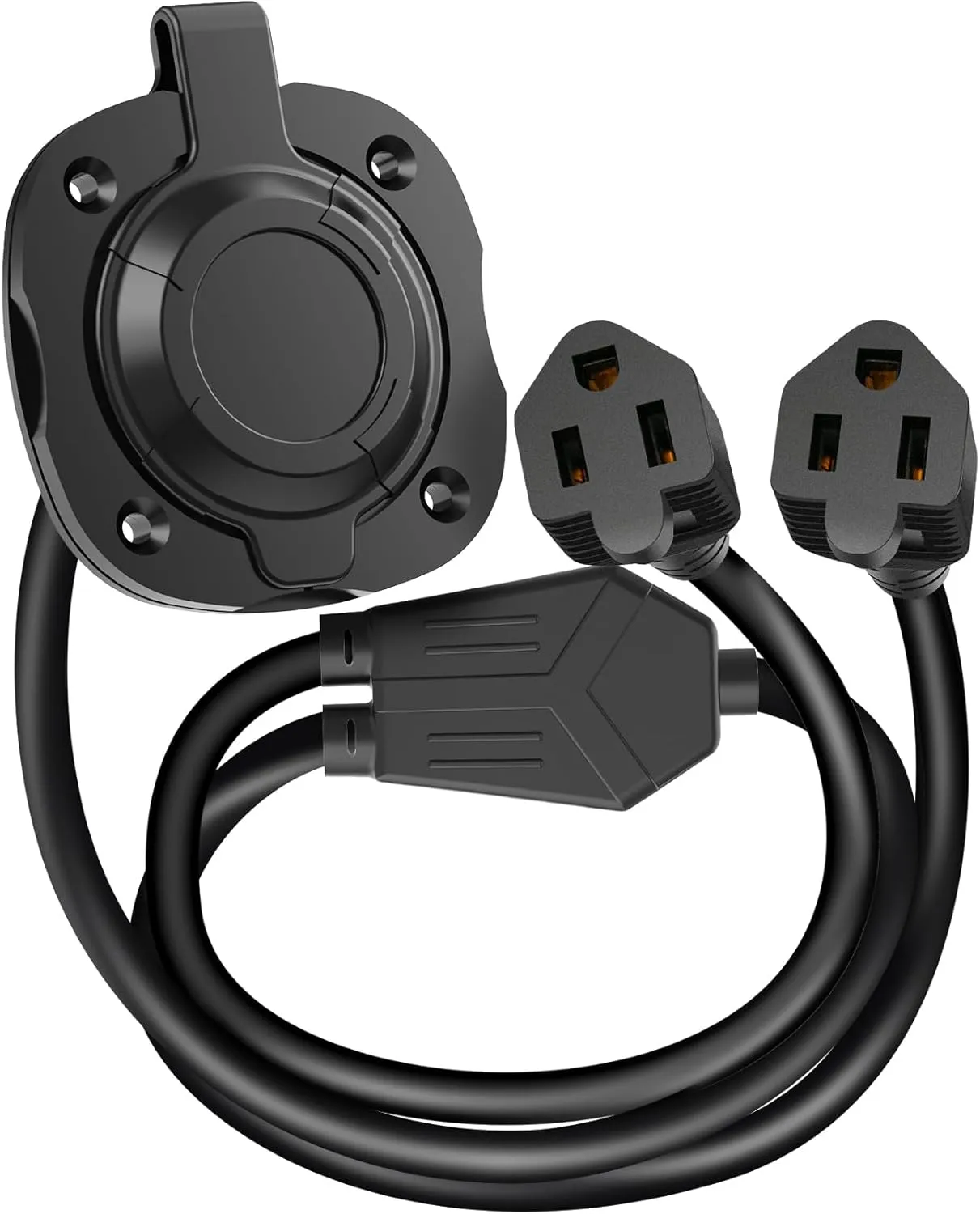 WELLUCK RV Shore Power Inlet Charger Plug 15 Amp 125V AC Power Inlet Port Plug with Integrated Dual 18" Extension Cord, RV Flanged Inlet with Waterproof Back Cover Y Splitter Cable for RV Trailer Boat