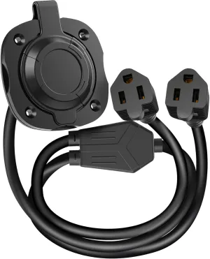WELLUCK RV Shore Power Inlet Charger Plug 15 Amp 125V AC Power Inlet Port Plug with Integrated Dual 18" Extension Cord, RV Flanged Inlet with Waterproof Back Cover Y Splitter Cable for RV Trailer Boat