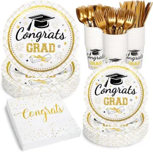 Whaline 175 Pcs Graduation Party Supplies, Paper Plates and Napkins Set, 25 Guests Gold Congrats 2025 Grad Disposable Tableware Include Plate Napkin Cup and Cutlery for Party Table Decor