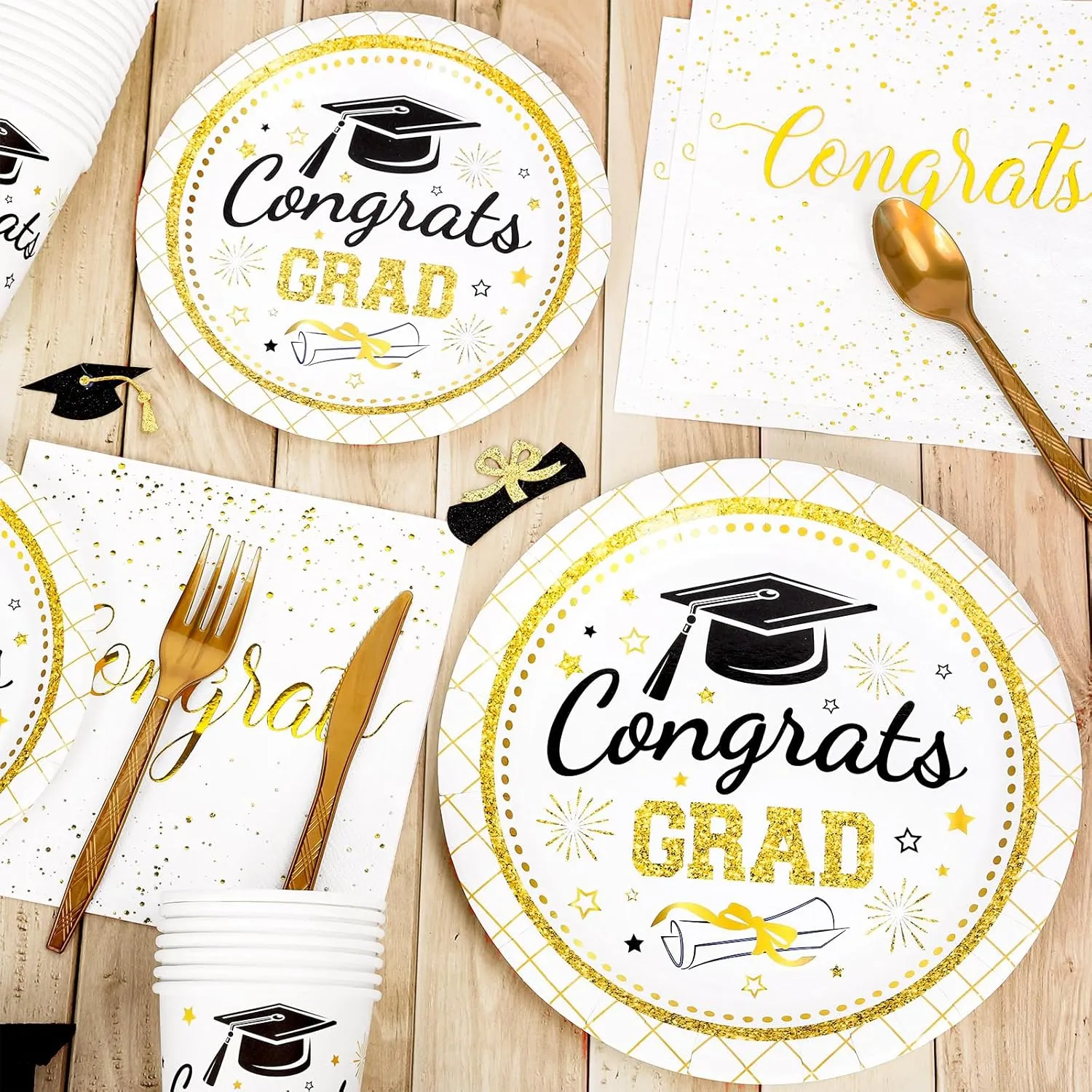 Whaline 175 Pcs Graduation Party Supplies, Paper Plates and Napkins Set, 25 Guests Gold Congrats 2025 Grad Disposable Tableware Include Plate Napkin Cup and Cutlery for Party Table Decor