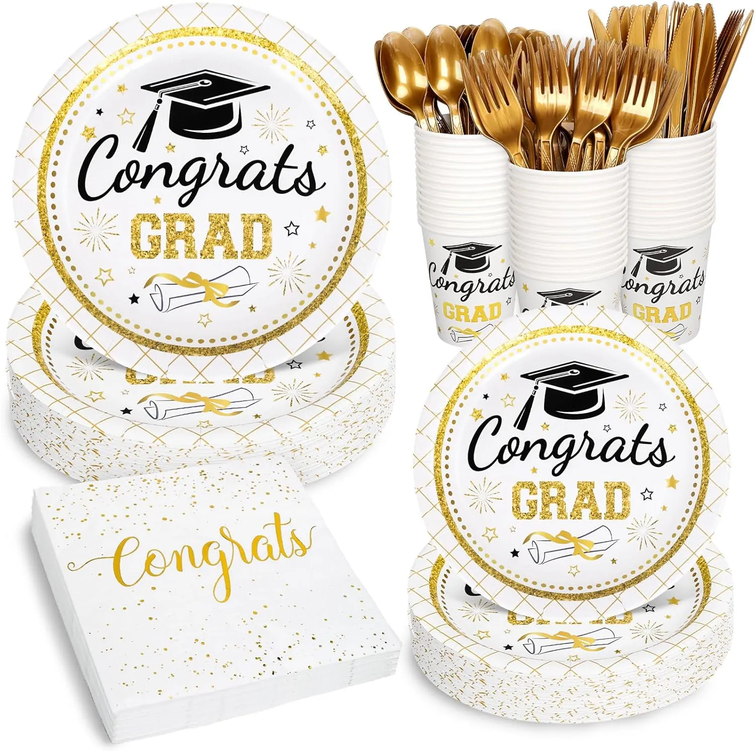 Whaline 175 Pcs Graduation Party Supplies, Paper Plates and Napkins Set, 25 Guests Gold Congrats 2025 Grad Disposable Tableware Include Plate Napkin Cup and Cutlery for Party Table Decor