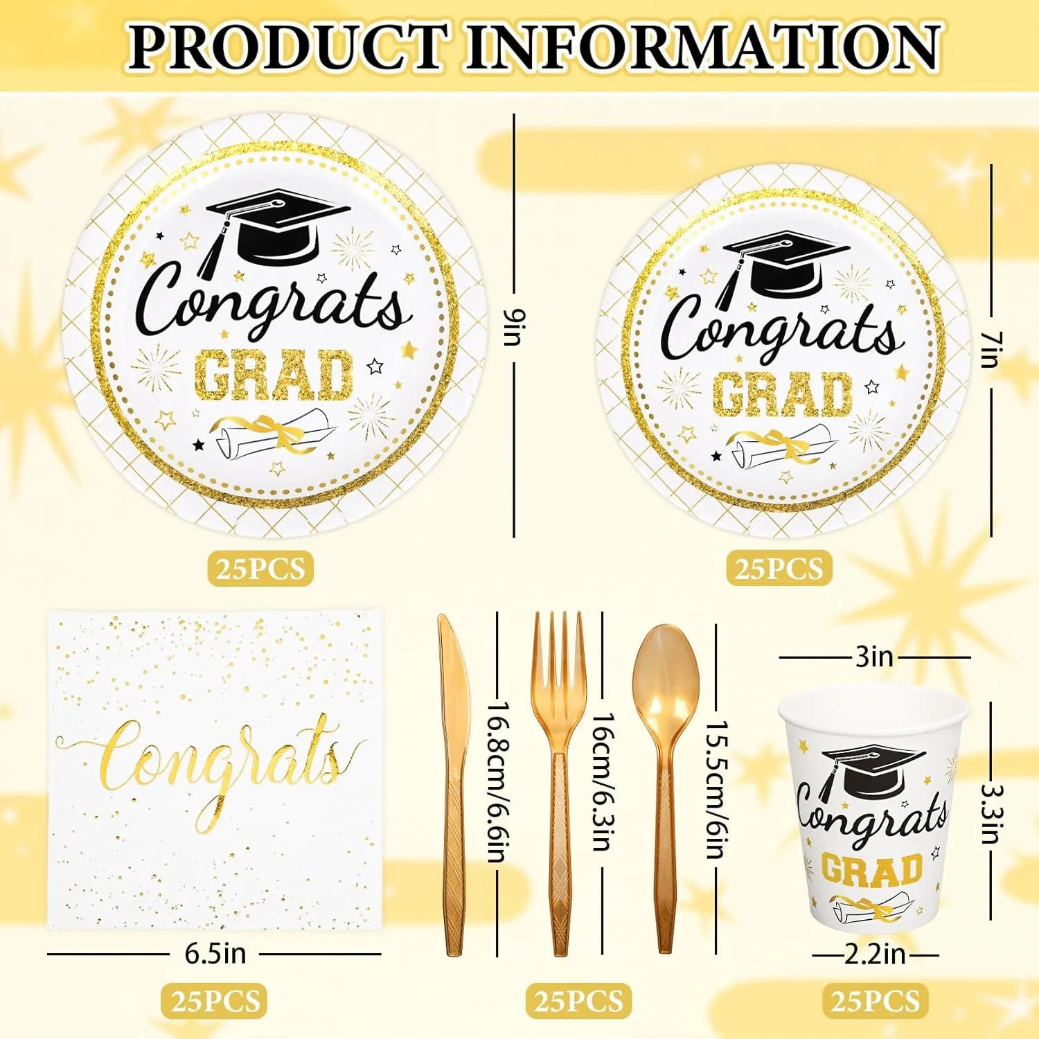 Whaline 175 Pcs Graduation Party Supplies, Paper Plates and Napkins Set, 25 Guests Gold Congrats 2025 Grad Disposable Tableware Include Plate Napkin Cup and Cutlery for Party Table Decor