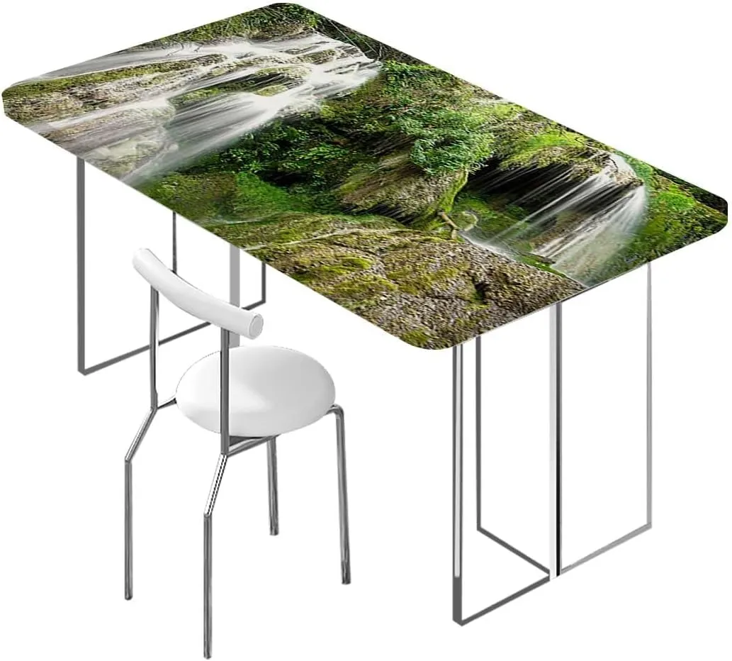 White Green Elastic Fitted Tablecloth Waterfall Down The Cliffs Deep in Forest for Dining Tables,Buffet Parties and Camping Scenery Fits up 5 Foot Tables