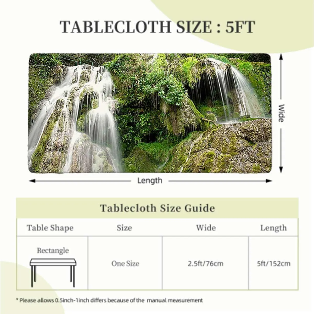 White Green Elastic Fitted Tablecloth Waterfall Down The Cliffs Deep in Forest for Dining Tables,Buffet Parties and Camping Scenery Fits up 5 Foot Tables