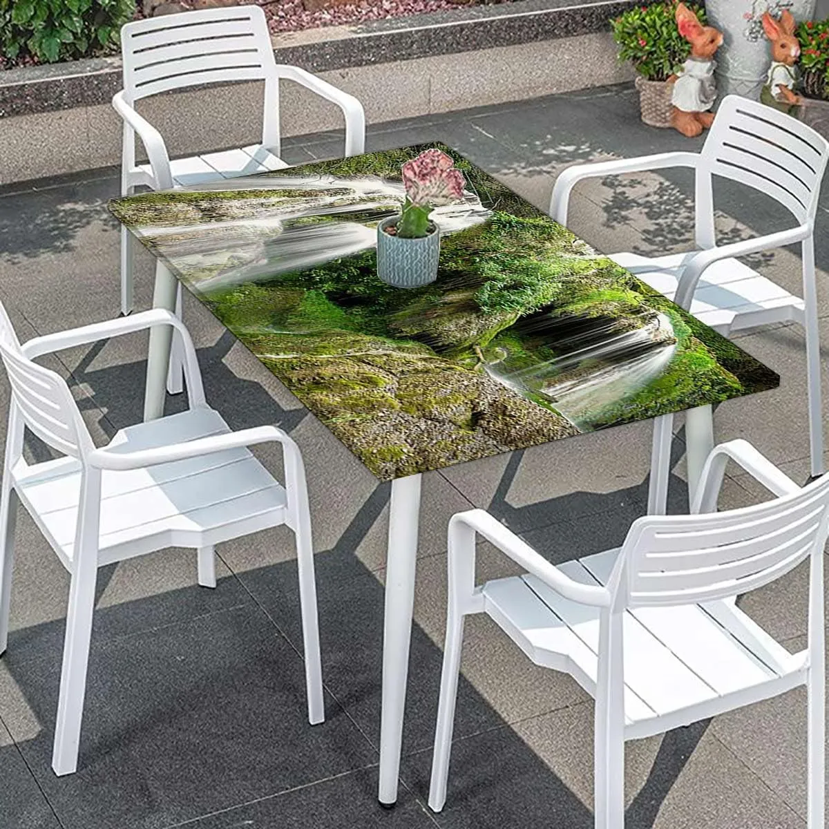 White Green Elastic Fitted Tablecloth Waterfall Down The Cliffs Deep in Forest for Dining Tables,Buffet Parties and Camping Scenery Fits up 5 Foot Tables