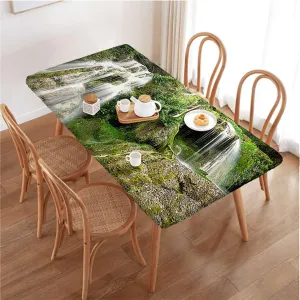 White Green Elastic Fitted Tablecloth Waterfall Down The Cliffs Deep in Forest for Dining Tables,Buffet Parties and Camping Scenery Fits up 5 Foot Tables