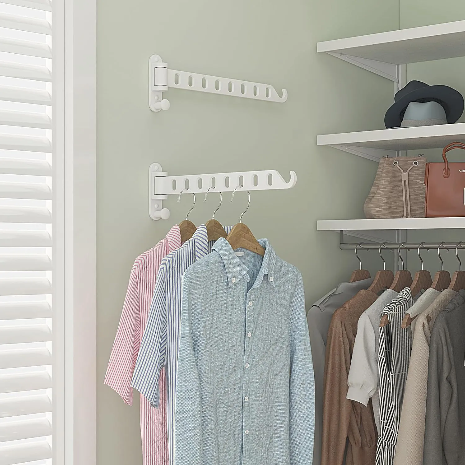 White Laundry Clothes Drying Rack with 8 Holes, Wall Mount Clothes Hanger Rack Swing Arm, 180°Rotation, Folding Valet Hook, Sturdy Hanging Dryer Rack, Solid Metal (2-Pack, White)