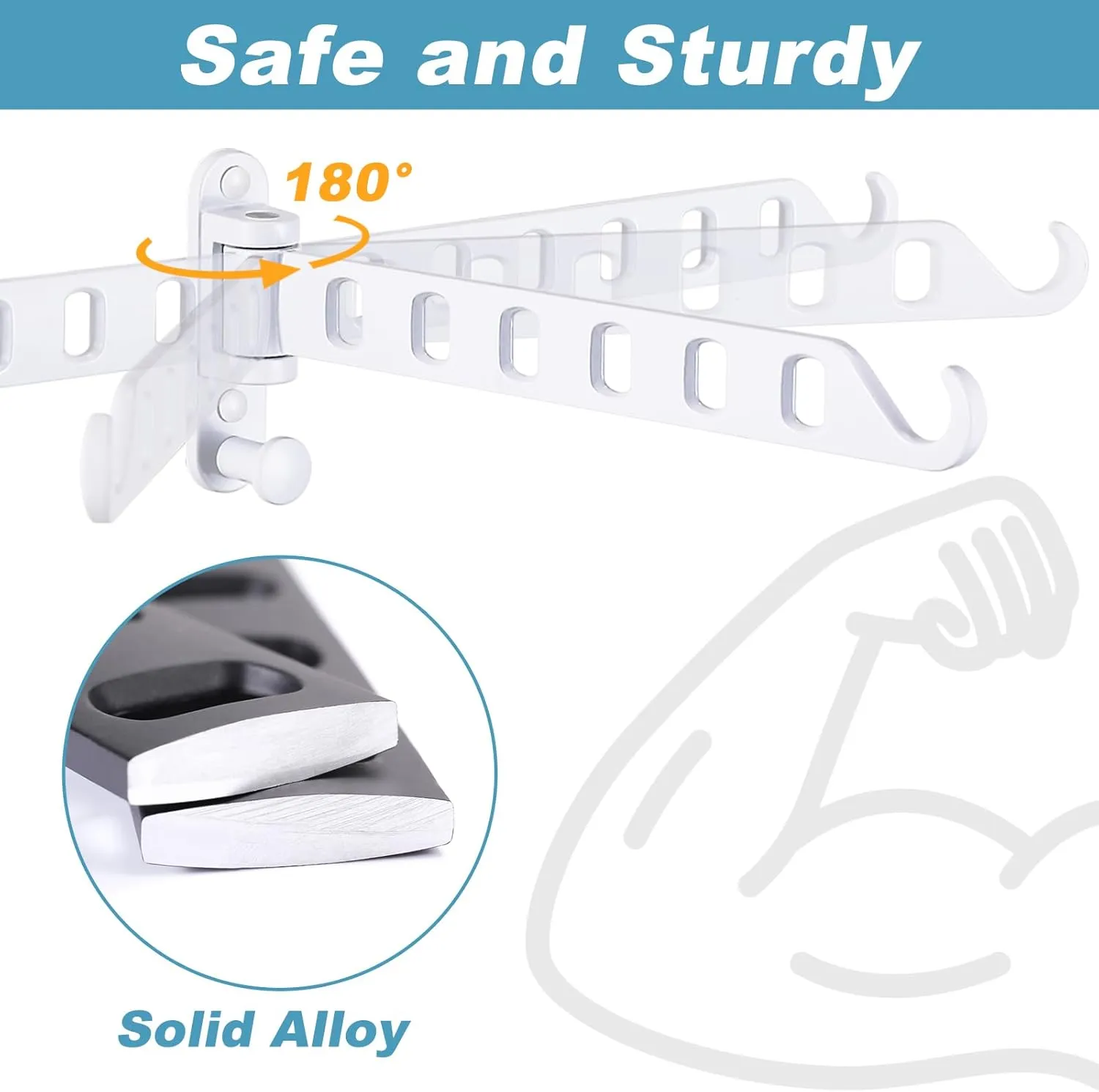 White Laundry Clothes Drying Rack with 8 Holes, Wall Mount Clothes Hanger Rack Swing Arm, 180°Rotation, Folding Valet Hook, Sturdy Hanging Dryer Rack, Solid Metal (2-Pack, White)