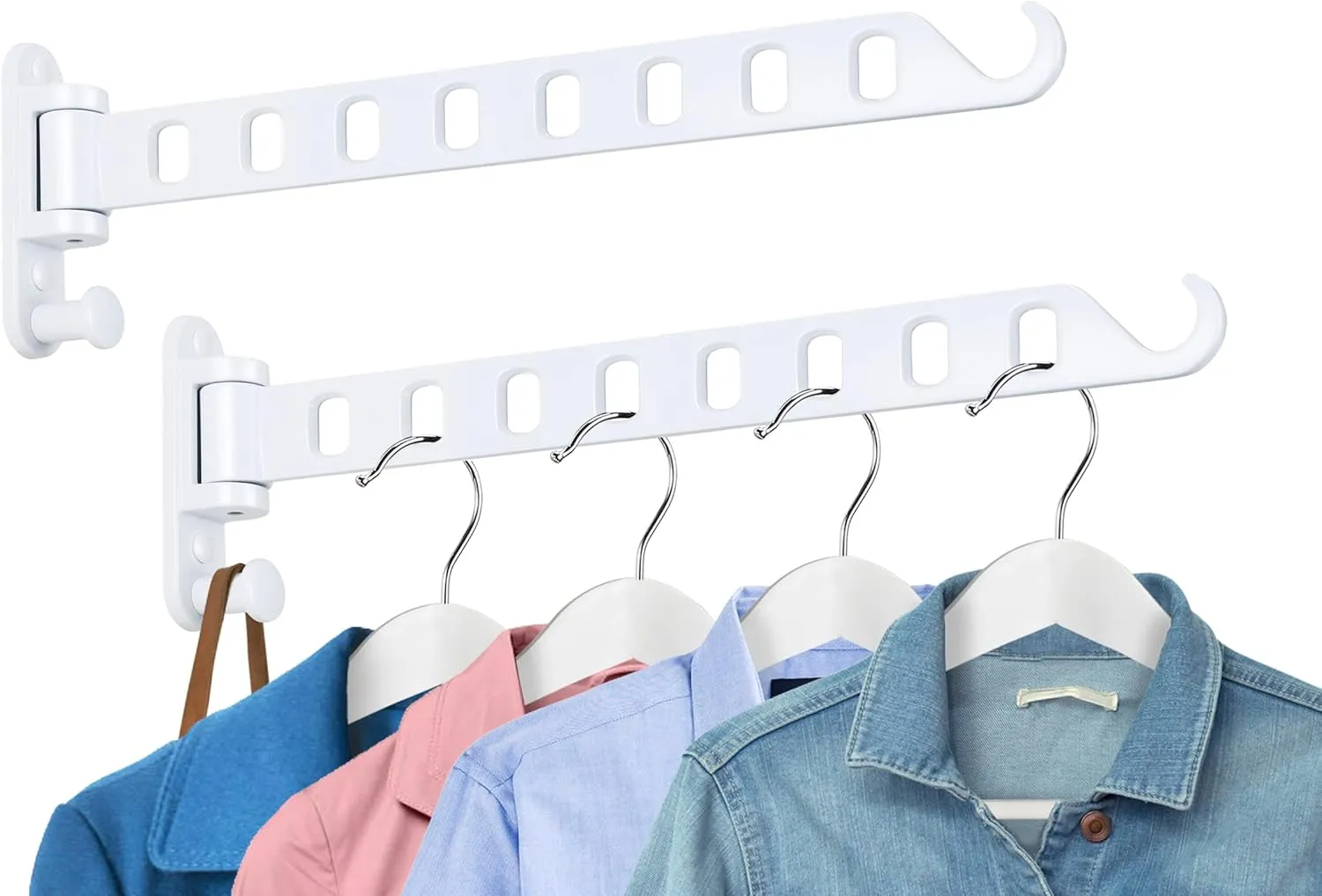 White Laundry Clothes Drying Rack with 8 Holes, Wall Mount Clothes Hanger Rack Swing Arm, 180°Rotation, Folding Valet Hook, Sturdy Hanging Dryer Rack, Solid Metal (2-Pack, White)