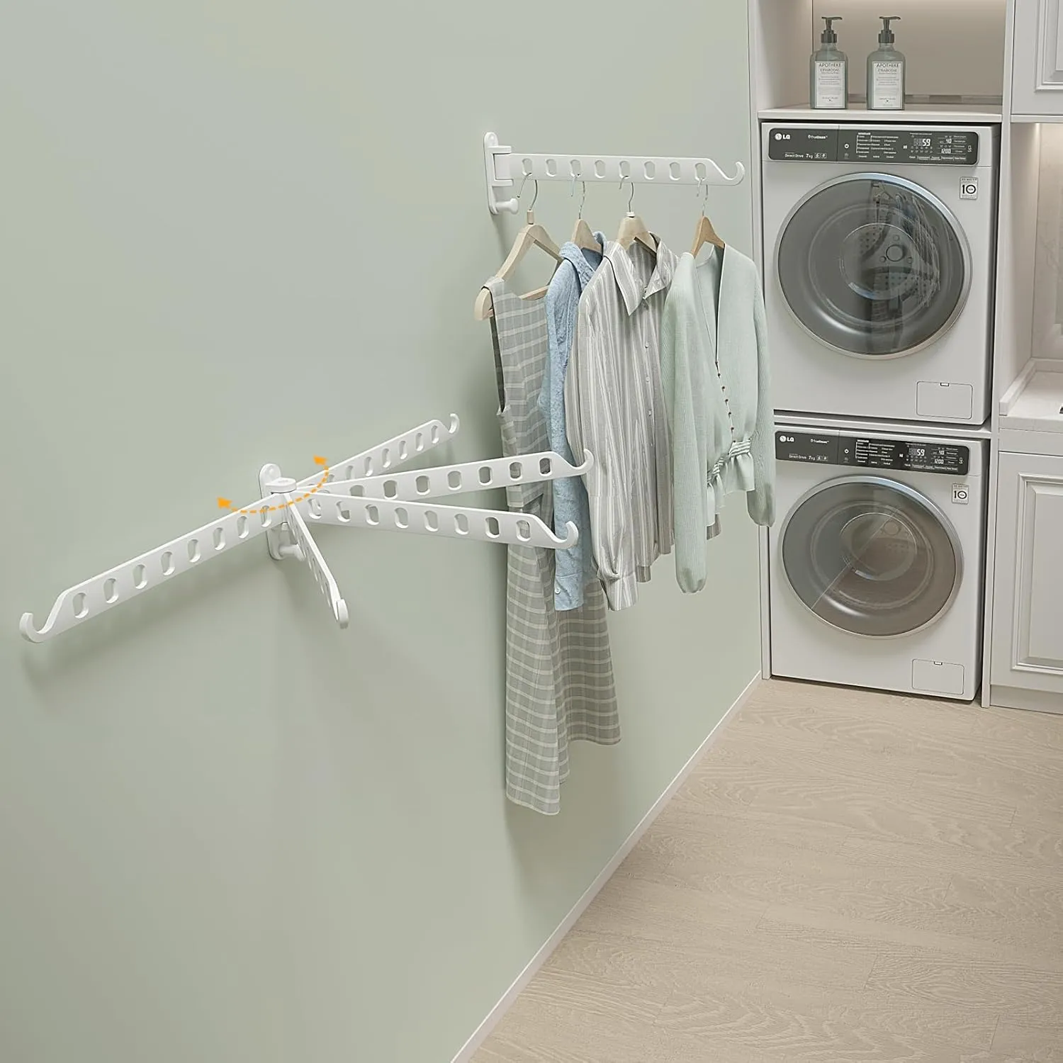 White Laundry Clothes Drying Rack with 8 Holes, Wall Mount Clothes Hanger Rack Swing Arm, 180°Rotation, Folding Valet Hook, Sturdy Hanging Dryer Rack, Solid Metal (2-Pack, White)