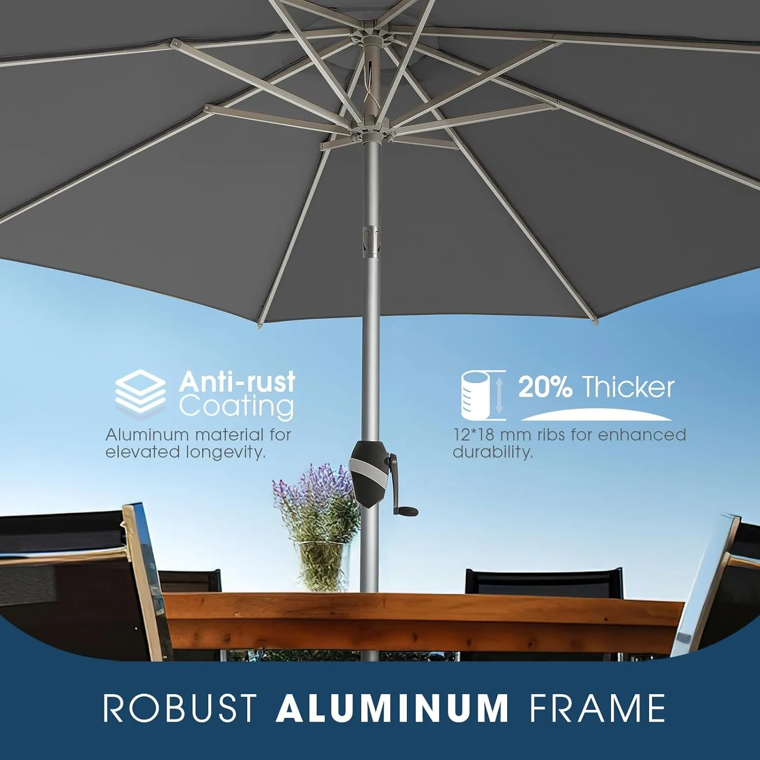 wikiwiki 10 FT Aluminum Outdoor Patio Umbrella, 5-YEAR Fade-Resistant Outdoor Market Table Umbrella with Push Button Tilt, for Pool, Deck, Garden and Lawn, Dark Grey