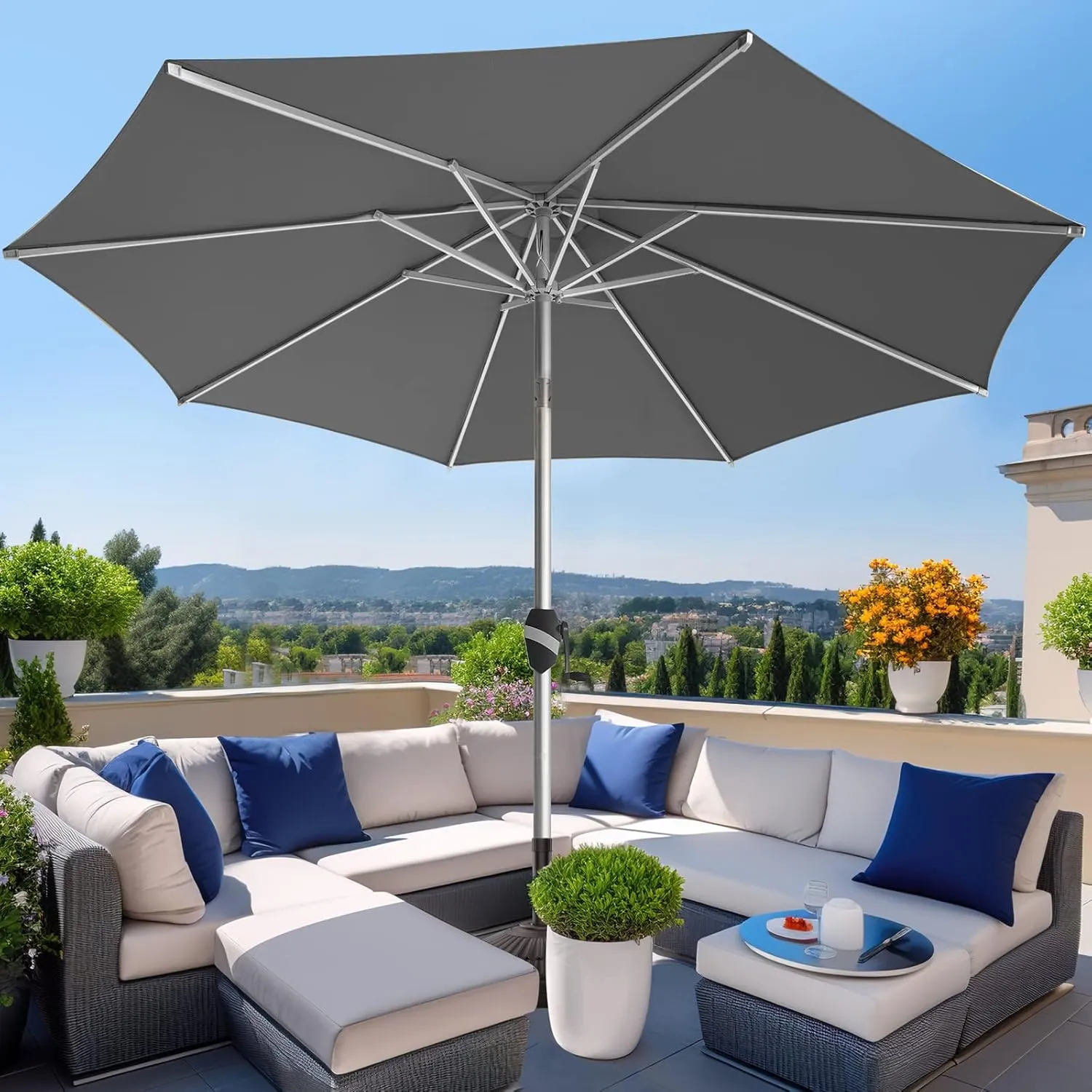 wikiwiki 10 FT Aluminum Outdoor Patio Umbrella, 5-YEAR Fade-Resistant Outdoor Market Table Umbrella with Push Button Tilt, for Pool, Deck, Garden and Lawn, Dark Grey