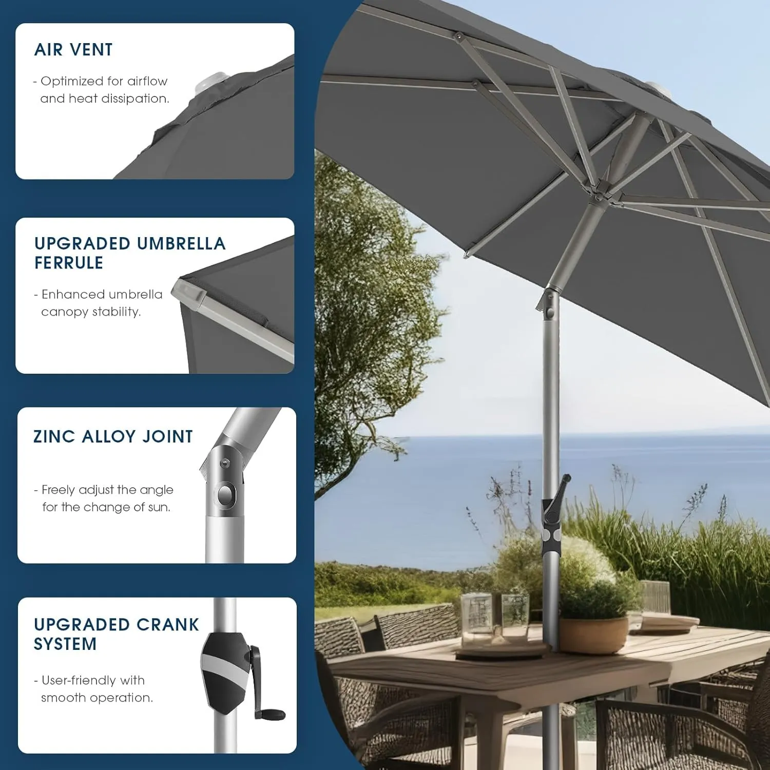 wikiwiki 10 FT Aluminum Outdoor Patio Umbrella, 5-YEAR Fade-Resistant Outdoor Market Table Umbrella with Push Button Tilt, for Pool, Deck, Garden and Lawn, Dark Grey