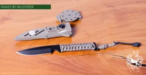 WILDSTEER WILDTECH4 BLACK BLADE DESERT CAMO SURVIVAL KNIFE COYOTE SHEATH