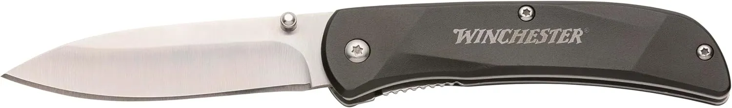Winchester Knives Aluminum Folder Black Knife for Hunting, Hiking, and Camping. Pocket Clip Included.