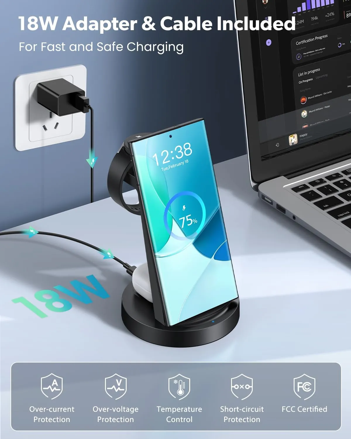 Wireless Charger for Samsung: 3 in 1 Wireless Charging Station for Samsung Galaxy Watch 7 6 5 4 3 Pro Classic Galaxy Buds - Charger Dock Stand for S25 S24 Ultra S23 S22 S21 Note Z Fold Android