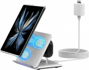 Wireless Charger for Samsung Galaxy Z-Fold, 2 in 1 Fast Wireless Charging Station for Galaxy Z Fold 6/5/4/3, 3-Coils Charging Stand for Galaxy Buds, White(20W Adapter Included)