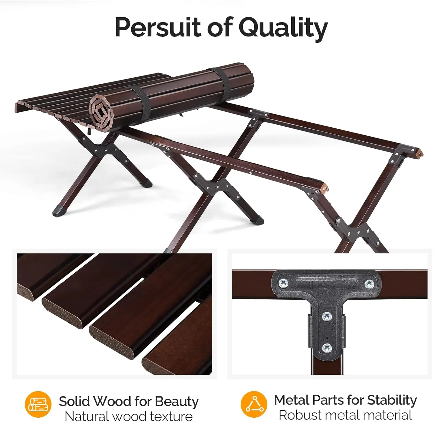 Wooden Folding Camping Tables Roll-up Picnic Tables Ultralight Collapsible Patio Table with Easy Carrying Bag Portable Lightweight Outdoor Side Table for Travel Hiking Backyard BBQ, Dark Walnut