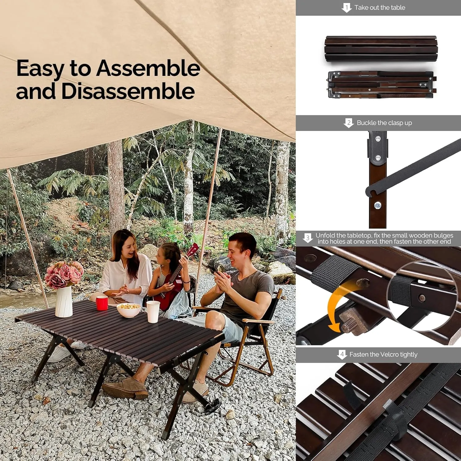 Wooden Folding Camping Tables Roll-up Picnic Tables Ultralight Collapsible Patio Table with Easy Carrying Bag Portable Lightweight Outdoor Side Table for Travel Hiking Backyard BBQ, Dark Walnut