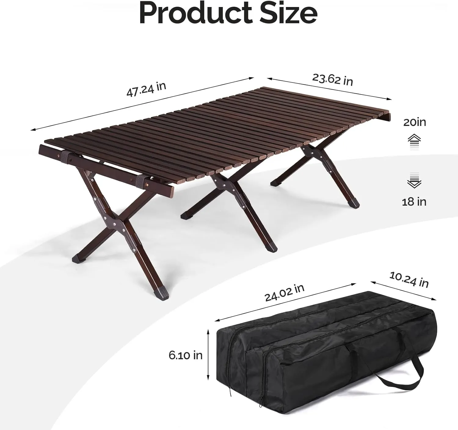 Wooden Folding Camping Tables Roll-up Picnic Tables Ultralight Collapsible Patio Table with Easy Carrying Bag Portable Lightweight Outdoor Side Table for Travel Hiking Backyard BBQ, Dark Walnut