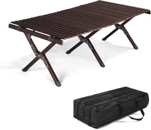 Wooden Folding Camping Tables Roll-up Picnic Tables Ultralight Collapsible Patio Table with Easy Carrying Bag Portable Lightweight Outdoor Side Table for Travel Hiking Backyard BBQ, Dark Walnut