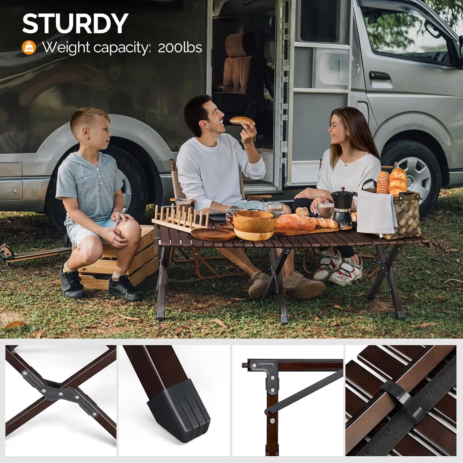 Wooden Folding Camping Tables Roll-up Picnic Tables Ultralight Collapsible Patio Table with Easy Carrying Bag Portable Lightweight Outdoor Side Table for Travel Hiking Backyard BBQ, Dark Walnut