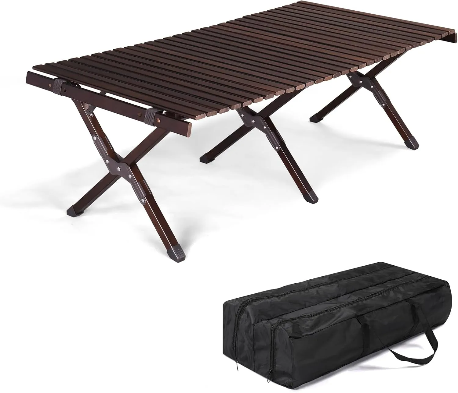Wooden Folding Camping Tables Roll-up Picnic Tables Ultralight Collapsible Patio Table with Easy Carrying Bag Portable Lightweight Outdoor Side Table for Travel Hiking Backyard BBQ, Dark Walnut