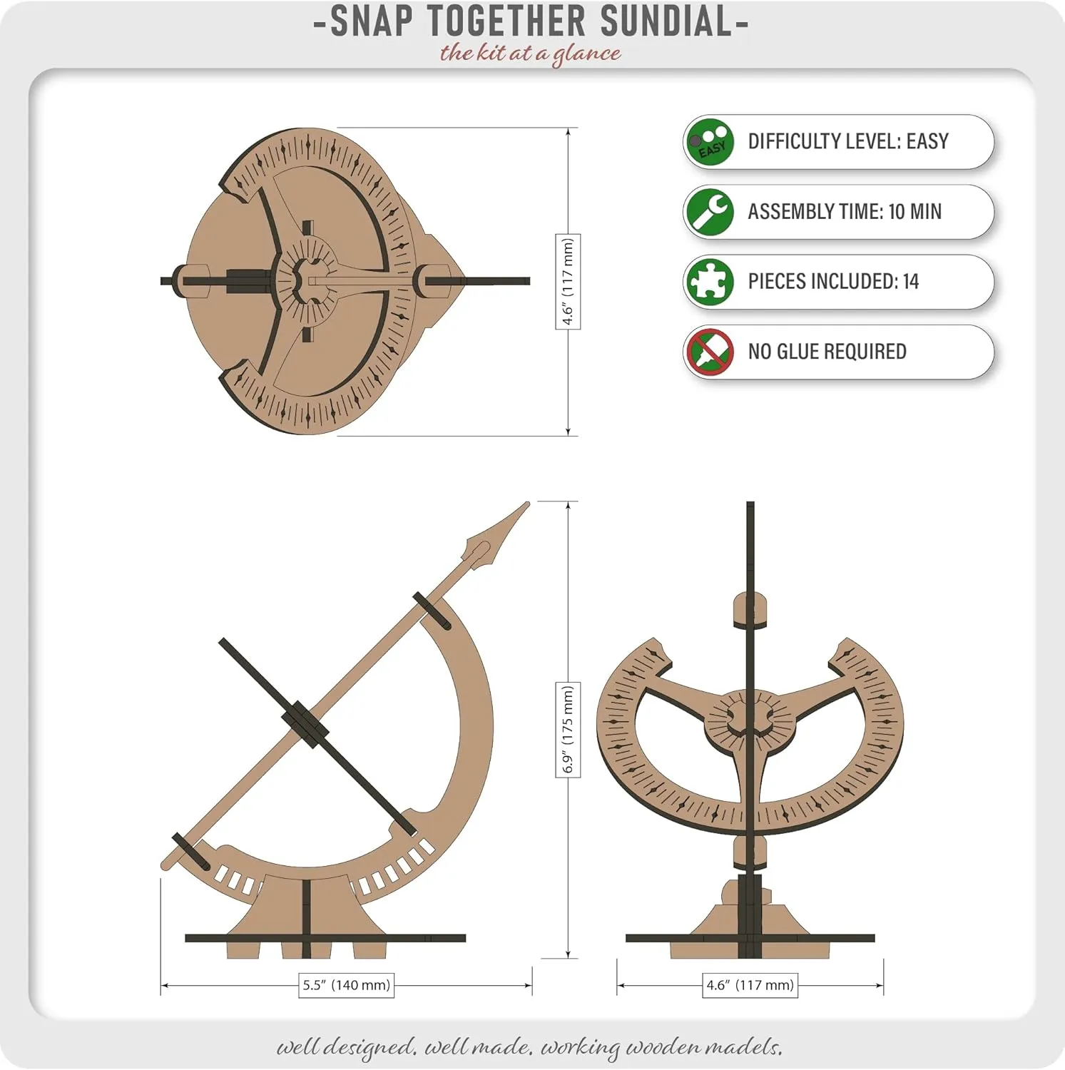 Wooden Sundial Kit - 10 Pack - Equatorial Sundial –Geography History and Light Curriculum Aid – snap Together Desk Sized Sundial – boy Toys – Science kit – STEM Toys – Educational Toy - Birthday Gift