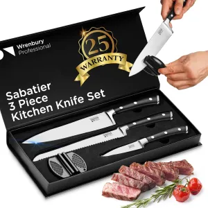 Wrenbury Professional Kitchen Knives Set of 3 German Grade - Sabatier Knife Ultra Sharp Stainless Steel with Sharpener - Full Tang Chef 3 Piece Knife Set - All Purpose Utility Knives